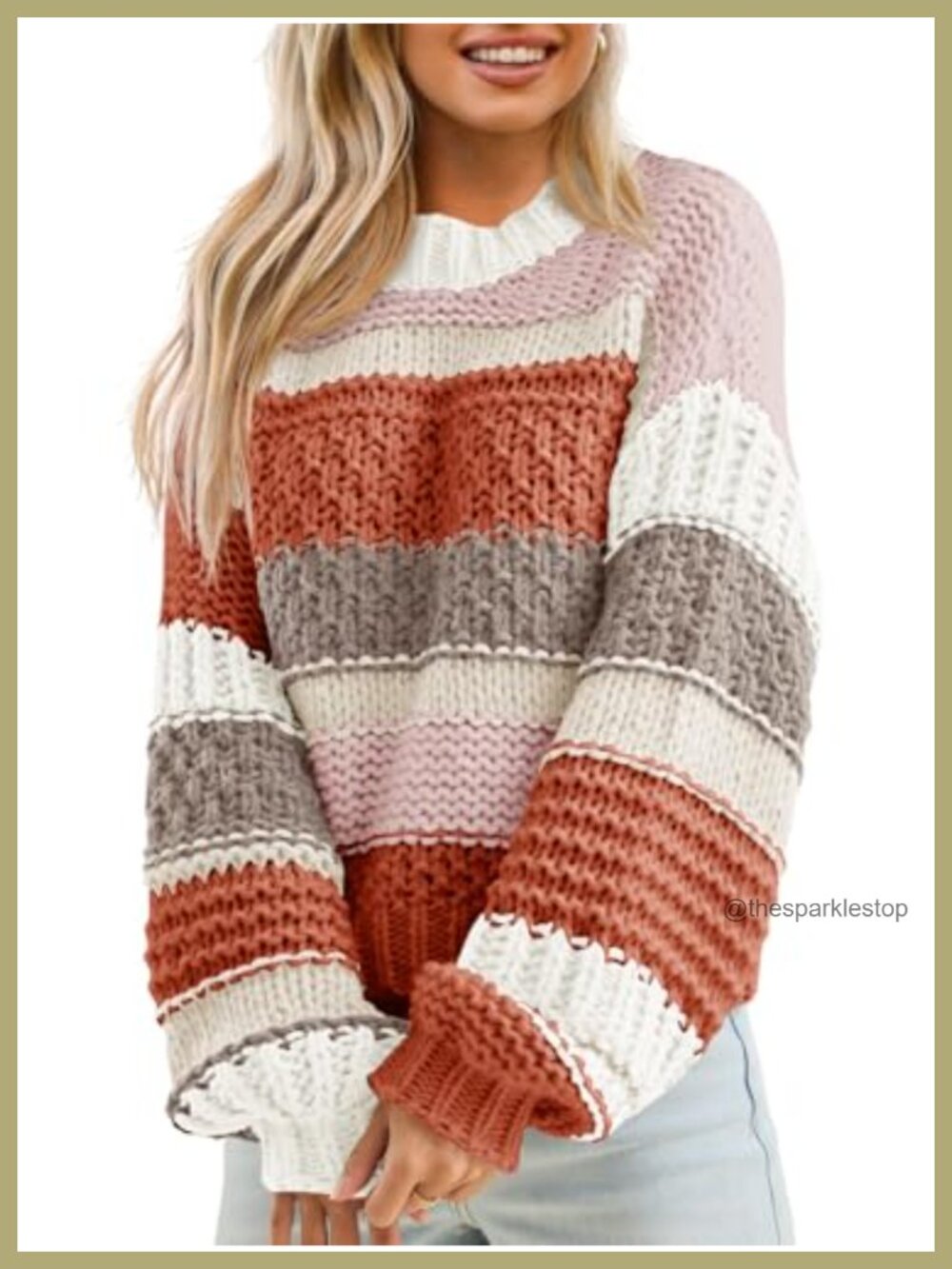 Womens Chunky Knit Cropped Sweater Striped Crew Neck Long Sleeve Pullover
